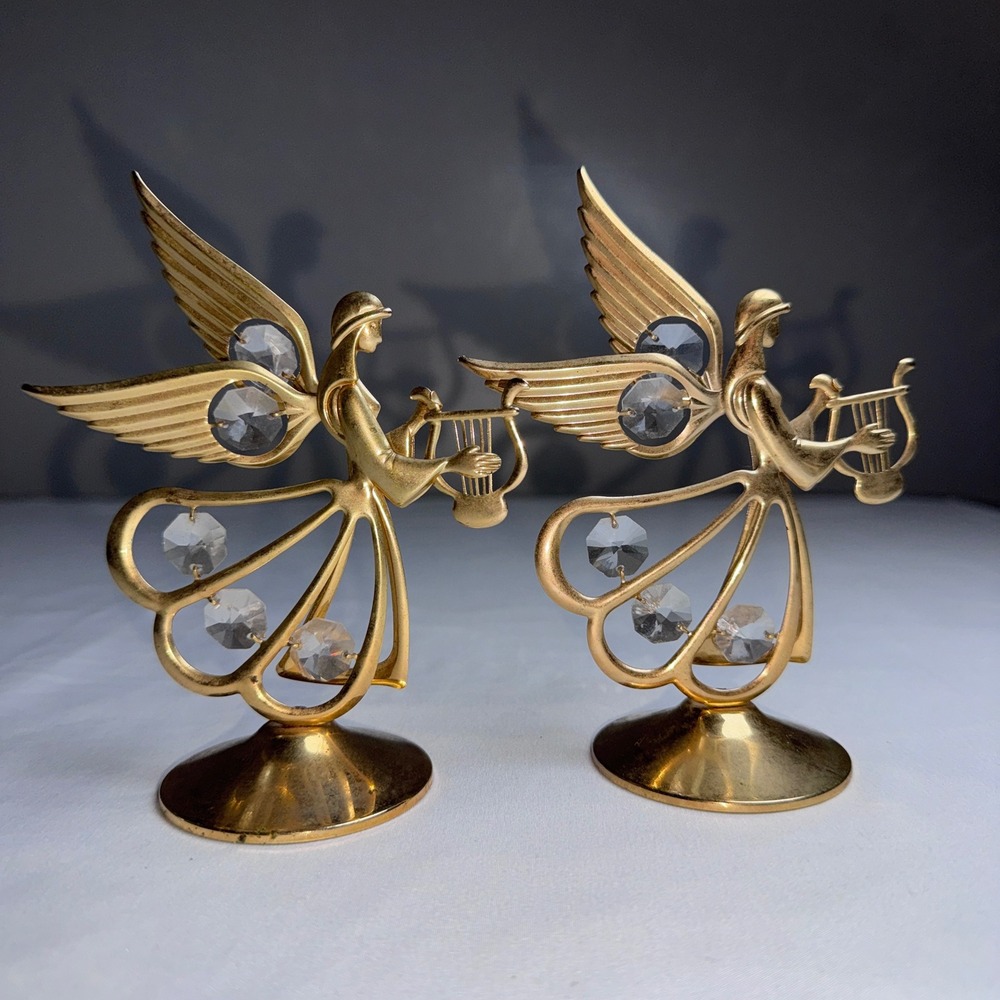 Crystal Delight 24K Gold Plated Angel Harp Figurines Austrian Crystal Set of 2